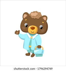 Doctor bear with case, cute animal vector illustration on white background. Cute doctor mascot for kids clinic. Nursery therapist or physician doctor isolated. Friendly bear doctor cartoon character