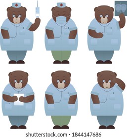 Doctor bear with different emotions and poses.