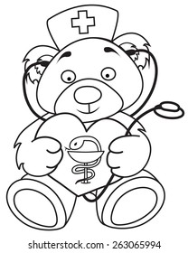 Doctor bear with heart, medical sign, stethoscope and medical hat.
