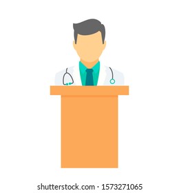 Doctor behind the podium vector illustration. Medic speaking. Medical character. Doctor stand behind the tribune.