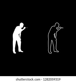 Doctor bent down holding spatula to examine throat Otolaryngologist examines throat tonsils icon set white color