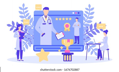 Doctor With Best Rating Prize Award Vector Illustration. Choosing Top Rated Best Doctor With Highest Five Star Scores Reviews. Health Care, Medical Clinic Or Hospital And People Staff Isolated Banner.