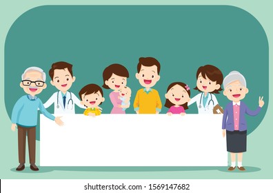 Doctor and big family holding big empty banners for your text.