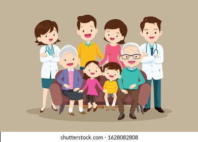 Doctor and Big happy family sitting on the sofa. Grandmother, grandfather, father, mother, children illustration in cartoon style.