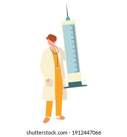 doctor with big syringe and vaccine prevents spread vector illustration