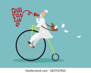 Doctor in a bike, with protection mask and megaphone, for a prevention from covid-19 virus