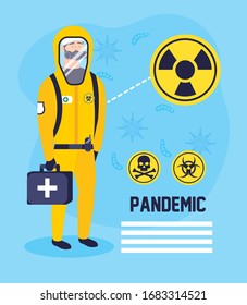 doctor with biohazard suit and covid 19 caution signals vector illustration design