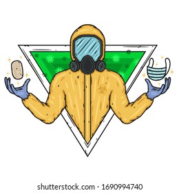 Doctor in biological protection suit with soap and medical mask