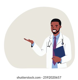  Doctor black man point up at good deal and advices use this copy space.. Vector flat style cartoon illustration