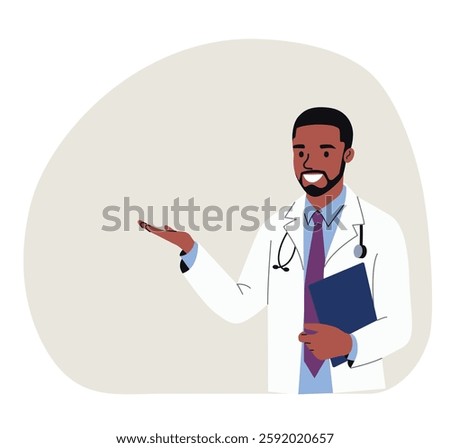  Doctor black man point up at good deal and advices use this copy space.. Vector flat style cartoon illustration