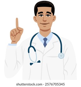 Doctor Black Man Raises Finger with Stethoscope Illustration Vector Flat Design