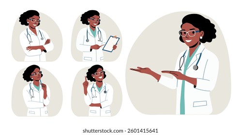 Doctor black woman.Set Different poses.Vector flat style cartoon illustration