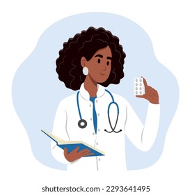 Doctor black woman with medicine. A female doctor writes a prescription.