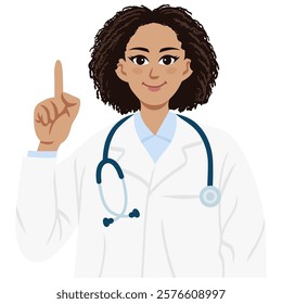 Doctor Black Woman Raises Finger with Stethoscope Illustration Vector Flat Design