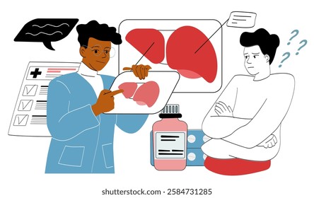 Doctor in a blue coat explaining liver disease to a confused patient using liver illustrations, prescription drugs, and medical charts in a modern style