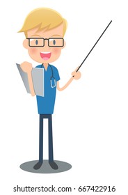 Doctor of a blue gown to explain with instructions stick and document