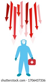 Doctor in a blue isolation suit confronting red arrows symbols. Economic and social crisis and rising prices of medical equipment. Sars-CoV-2 outbreak uniform. Covid-19 dangers illustration set. 