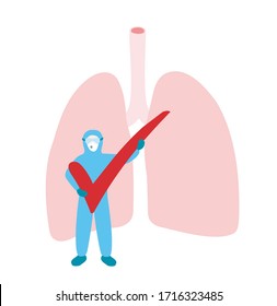 Doctor in a blue isolation suit holding check mark with healthy lungs in the back. Medical staff tested for Covid-19. Developing antibody tests for SARS-CoV-2. Recovered people symbolic illustration.