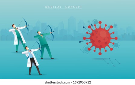 doctor with bow aiming the Coronavirus Covid-19 vector illustration EPS10