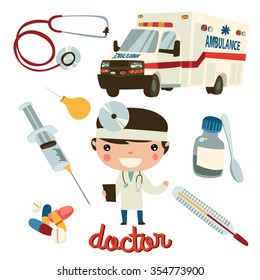 doctor boy cute character. medic tools set.