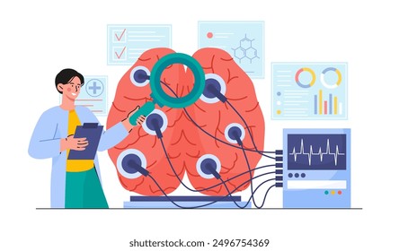 Doctor with brain check. Man in medical uniform evaluates brain with magnifying glass. Neurologist conduct researching. Tomography and electroencephalography. Flat vector illustration