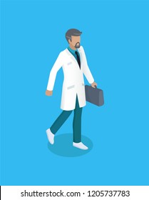 Doctor with briefcase icon closeup. Physician wearing white coat fist aid doc. Bearded man professional medical worker carrying bag isolated on vector