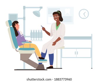 Doctor brushes child's teeth with toothbrush. Girl and dentist in dental office. Medical service for kids, health care. Teeth treatment vector illustration. Patient at the appointment with a doctor