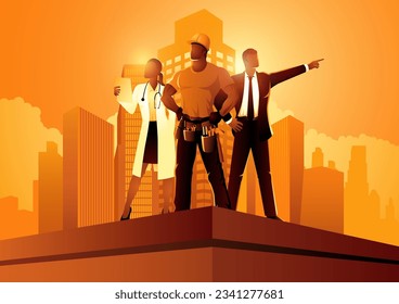 Doctor, empresario y constructor, de pie orgullosamente en la parte superior de un edificio. Esta poderosa escena simboliza el logro, la unidad y el éxito colaborativo. Perfecto para los temas del Día del Trabajo