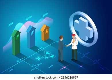 Doctor And Businessman Handshake On Growth Graph Increasing On Medical And Healthcare Business. Medical Business Partnership Collaboration To Develop People Wellness And Health Problem Solution.