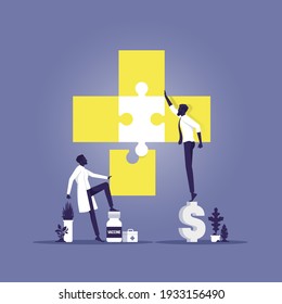 Doctor And Businessman Putting The Puzzle Medical Icon Together. Team Metaphor. People Connecting Puzzle Elements. Symbol Of Teamwork, Cooperation, Partnership.