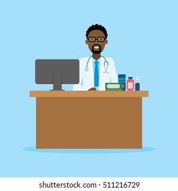 Doctor in the cabinet. Funny smiling african american male doctor sitting in the medical cabinet. Medical treatment, first aid.