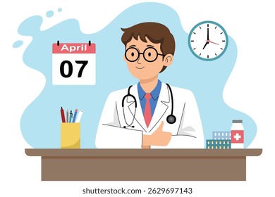 Doctor with calendar and medicine sitting at desk
