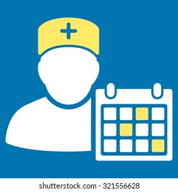 Doctor Calendar vector icon. Style is bicolor flat symbol, yellow and white colors, rounded angles, blue background.