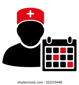 Doctor Calendar vector icon. Style is bicolor flat symbol, intensive red and black colors, rounded angles, white background.