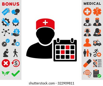 Doctor Calendar vector icon. Style is bicolor flat symbol, intensive red and black colors, rounded angles, white background.