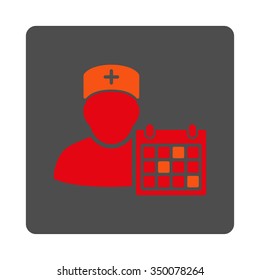 Doctor Calendar vector icon. Style is flat rounded square gray button with red symbol, white background.