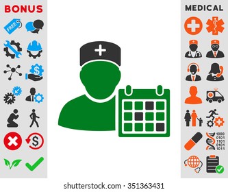 Doctor Calendar vector icon. Style is bicolor flat symbol, green and gray colors, rounded angles, white background.