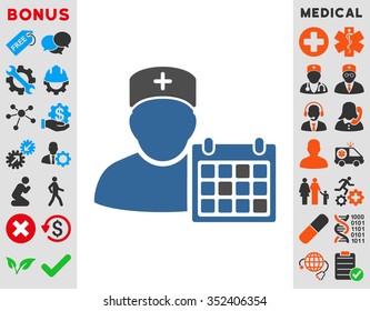 Doctor Calendar vector icon. Style is bicolor flat symbol, cobalt and gray colors, rounded angles, white background.