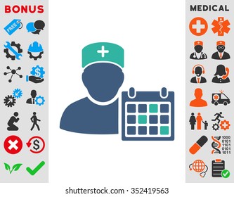Doctor Calendar vector icon. Style is bicolor flat symbol, cobalt and cyan colors, rounded angles, white background.