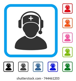 Doctor Call Center icon. Flat gray iconic symbol inside a blue rounded square. Black, gray, green, blue, red, orange color additional versions of Doctor Call Center vector.