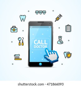 Doctor Call. Consultation Concept. Smart Phone and Medical Icons. Vector illustration