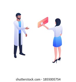 Doctor call for consultation isometric vector concept. Female character presses button on red panel. Man in white coat tells her about diagnosis. Medical healthcare assistance and consultation.