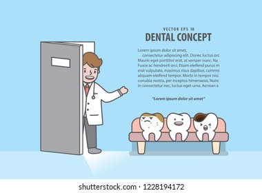 Doctor call teeth characters sitting in line at dental clinic office waiting room layout illustration vector on blue background. Dental concept.