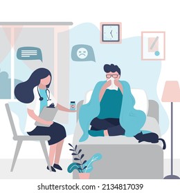 Doctor came to sick woman at home. Specialist prescribes antipyretic pills to girl. Patient sits covered in blanket and drinks tea. Medical visit at house. Bedroom interior design. Vector illustration