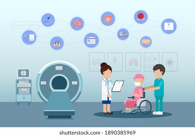 Doctor with cancer patient and icons flat design vector illustration