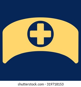Doctor Cap vector icon. Style is flat symbol, yellow color, rounded angles, blue background.