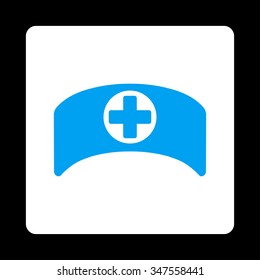 Doctor Cap vector icon. Style is flat rounded square button, blue and white colors, black background.