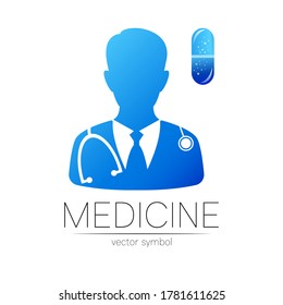 Vektorlogotype von Doctor und Kapsel in blauer Farbe. Silhouette Medizin Mann. Logo für Klinik, Krankenhaus, Gesundheit, Medizin, Wirtschaft. Konzept einzeln auf Weiß. Vorlage für Web, Identität modernen Stil