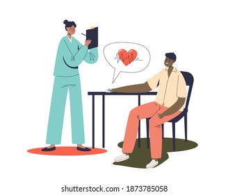 Doctor Cardiologist Examining Patient With Increased Heart Rate. Heart Attack Danger Concept. Female Medic Consulting Male Sick With Heart Pain. Flat Vector Illustration