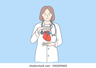 Doctor Cardiologist And Healthy Heart Concept. Smiling Positive Young Female Doctor Of Medicine Standing And Holding Healthy Human Heart In Hands Vector Illustration 